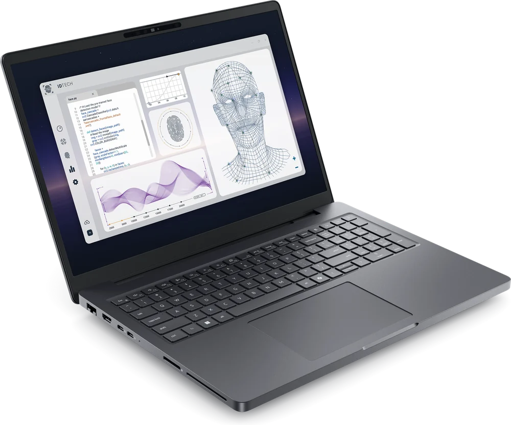 Notebook workstation Dell Pro Max 16 Plus abierta, vista de tres cuartos